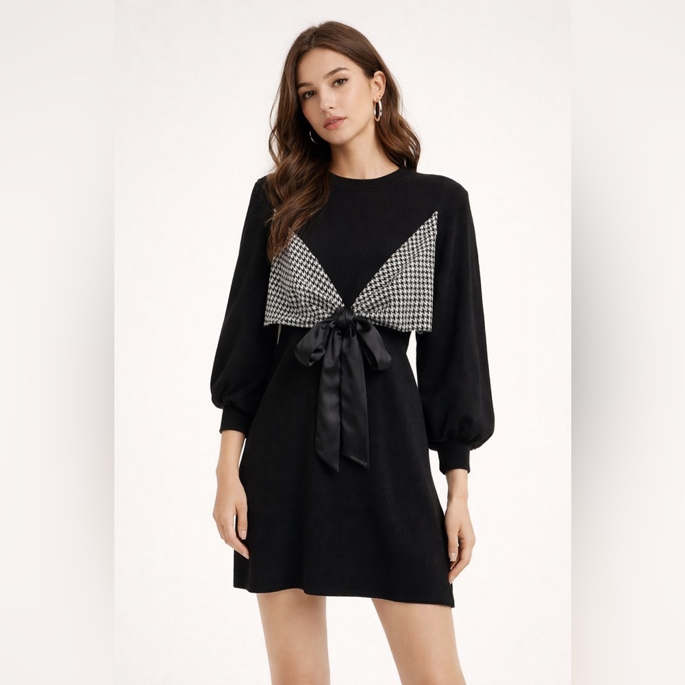 Macy McCoy Elegant Black Crewneck Dress with Houndstooth Accents